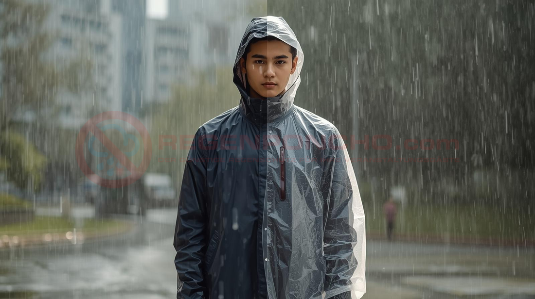 Person steht im Regen und trägt eine graue Regenjacke – Vergleich zwischen Regenjacke und transparentem Regenponcho für Blogartikel auf Regenponcho.com.