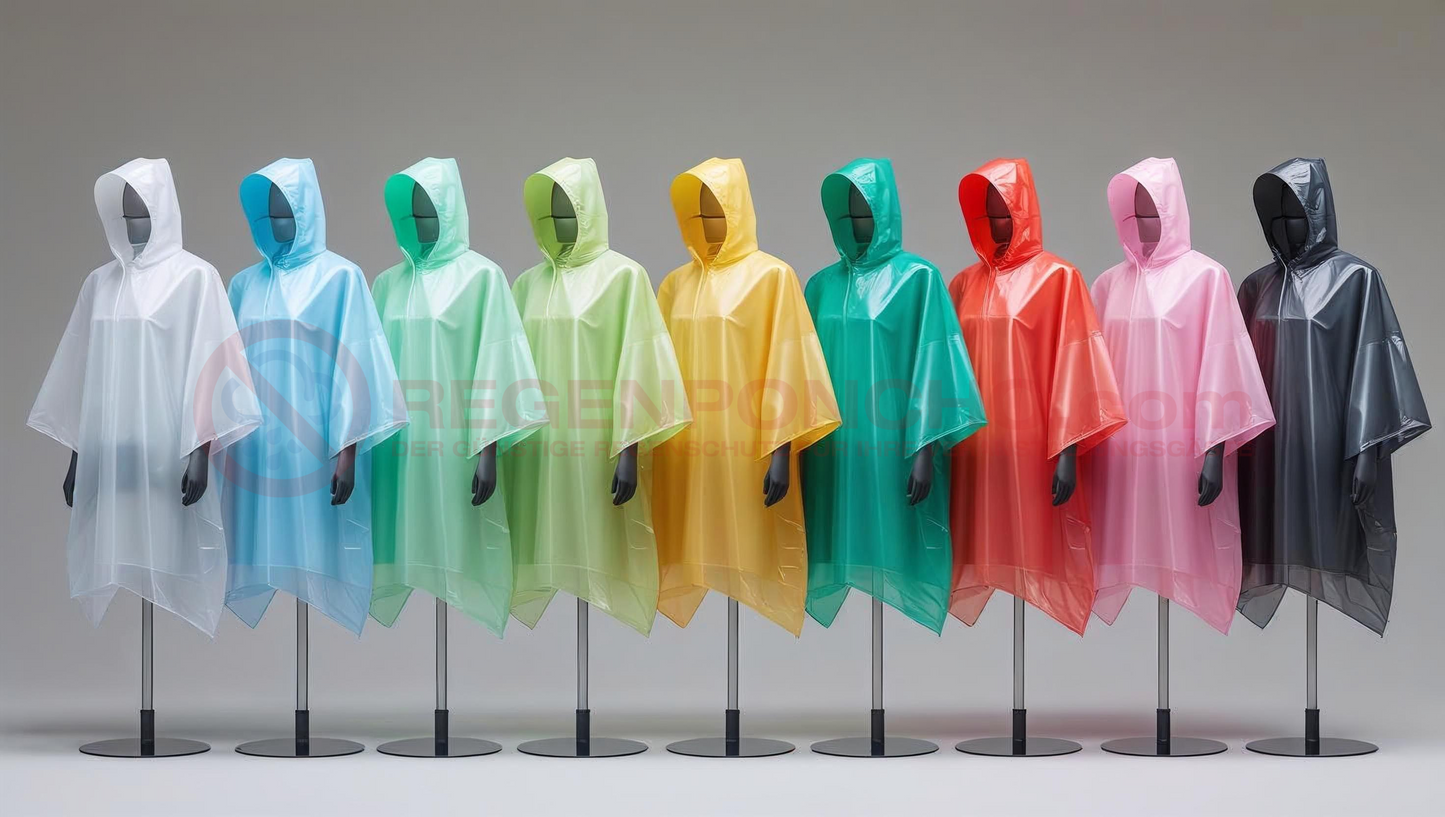 Nine mannequins wearing rain ponchos in different colors including white, blue, green, yellow, red, pink, and black – showcasing Regenponcho.com's full product range in a modern studio setting