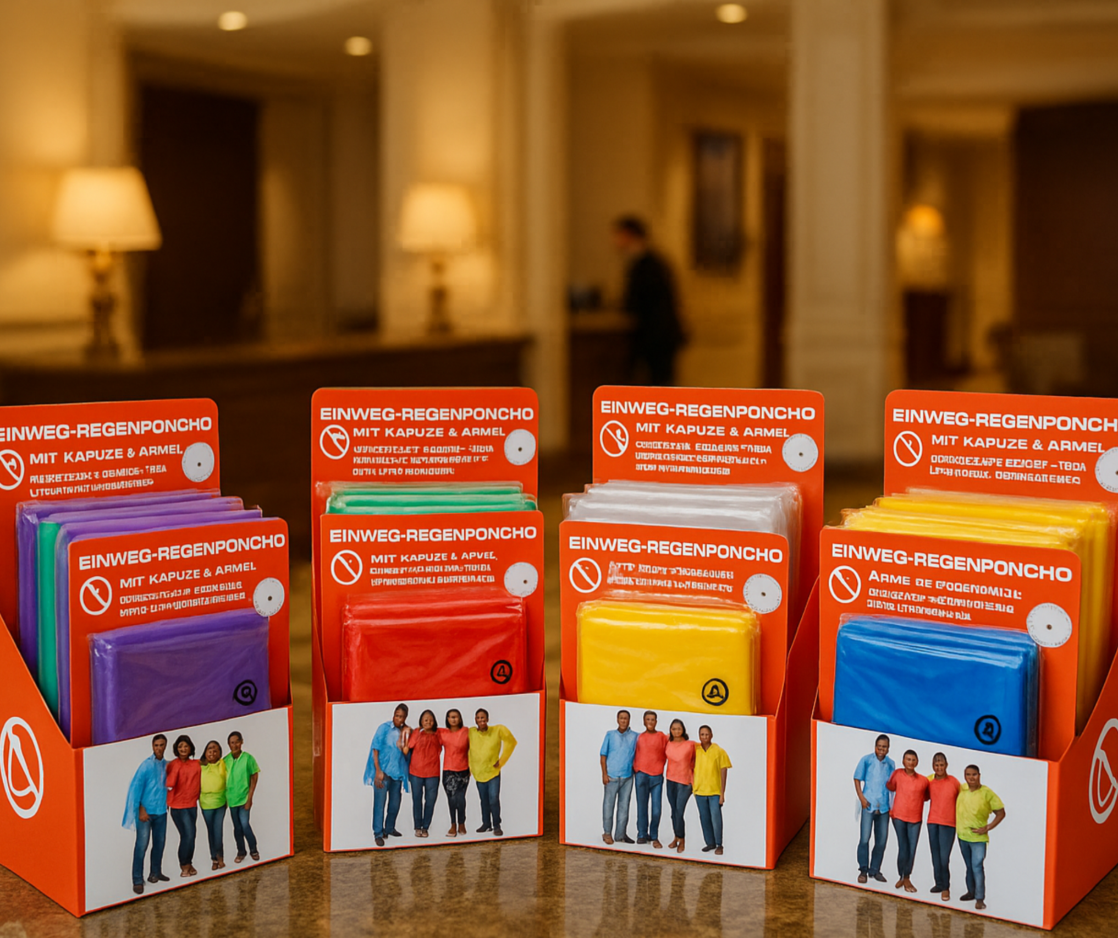 Ein Tisch mit mehreren Verkaufsdisplays für Einweg-Regenponchos in Farben wie Lila, Grün, Rot, Weiß, Gelb und Blau, aufgestellt in einer eleganten Hotellobby mit stilvollem Ambiente und warmem Licht. Ideal für wettergerechte Gästebetreuung.