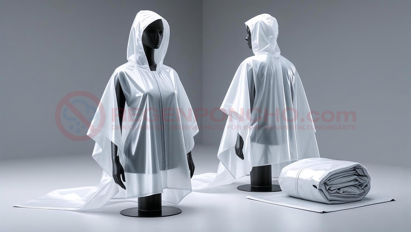 Zwei Schaufensterpuppen mit hochwertigem, weißem, transparentem PVC-Regenponcho mit Kapuze, ideal für den mehrfachen Gebrauch. Daneben liegt ein sauber gefalteter Poncho auf dem Boden. Glänzendes, robustes Material in Studio-Setting – perfekt für langfristigen Regenschutz bei Events, Festivals oder im Alltag.