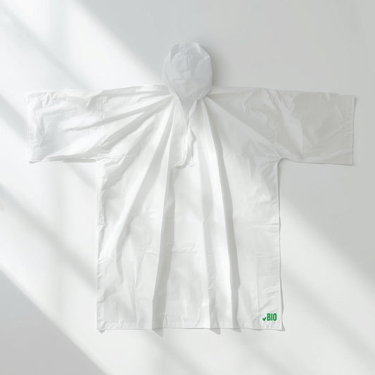 Biologisch abbaubarer, weiß-transparenter Regenponcho vollständig entfaltet dargestellt. Nachhaltiger Einweg-Poncho aus umweltfreundlichem Material mit BIO-Kennzeichnung – ideal für Events, Festivals und Unternehmen in Deutschland.