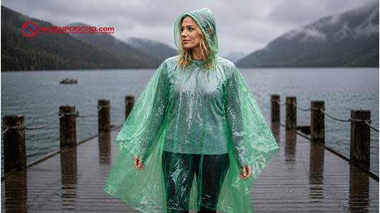 Frau mit grünem transparentem Regenponcho auf einem regnerischen Holzsteg vor Bergsee und Nebellandschaft.