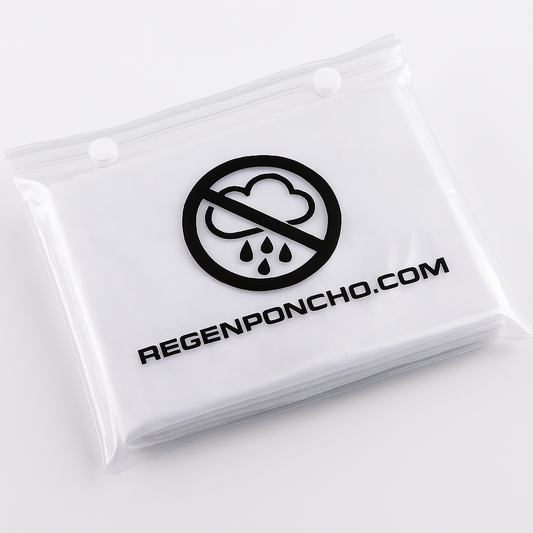 Regenponcho.com Verpackung mit Logo – transparente Tasche mit Zip-Verschluss für Regenponchos, ideal für unterwegs