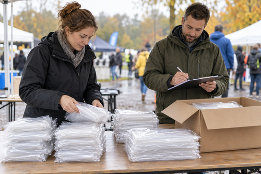 Zwei Veranstalter zählen verpackte Regenponchos und dokumentieren den Bestand für ein Outdoor-Event.