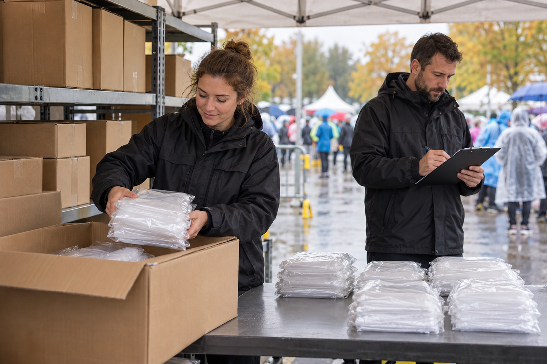 Zwei Eventmitarbeiter bereiten verpackte Regenponchos zur Ausgabe vor und kontrollieren den Bestand im überdachten Lagerbereich.