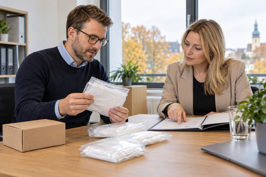 Zwei Personen prüfen ein verpacktes Regenponcho-Muster und Bestellunterlagen an einem Bürotisch.