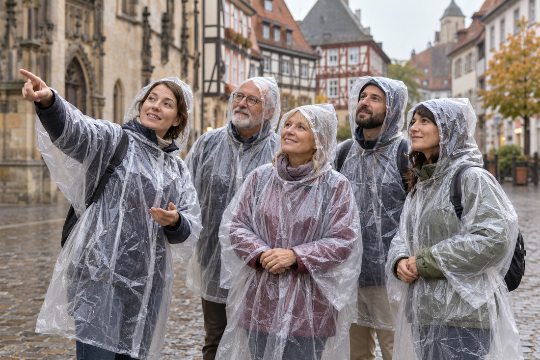 Eine Stadtführerin zeigt einer Gruppe in transparenten Regenponchos die historische Altstadt bei Regen.