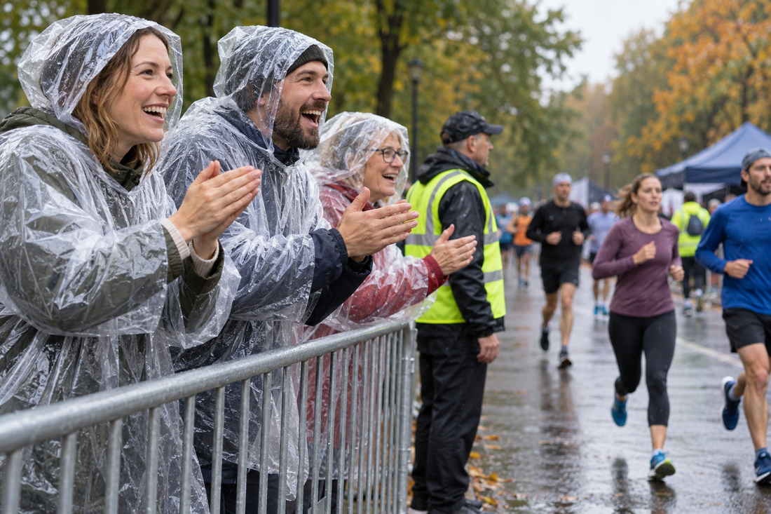 Zuschauer in transparenten Regenponchos feuern Läufer bei einer regnerischen Sportveranstaltung an.