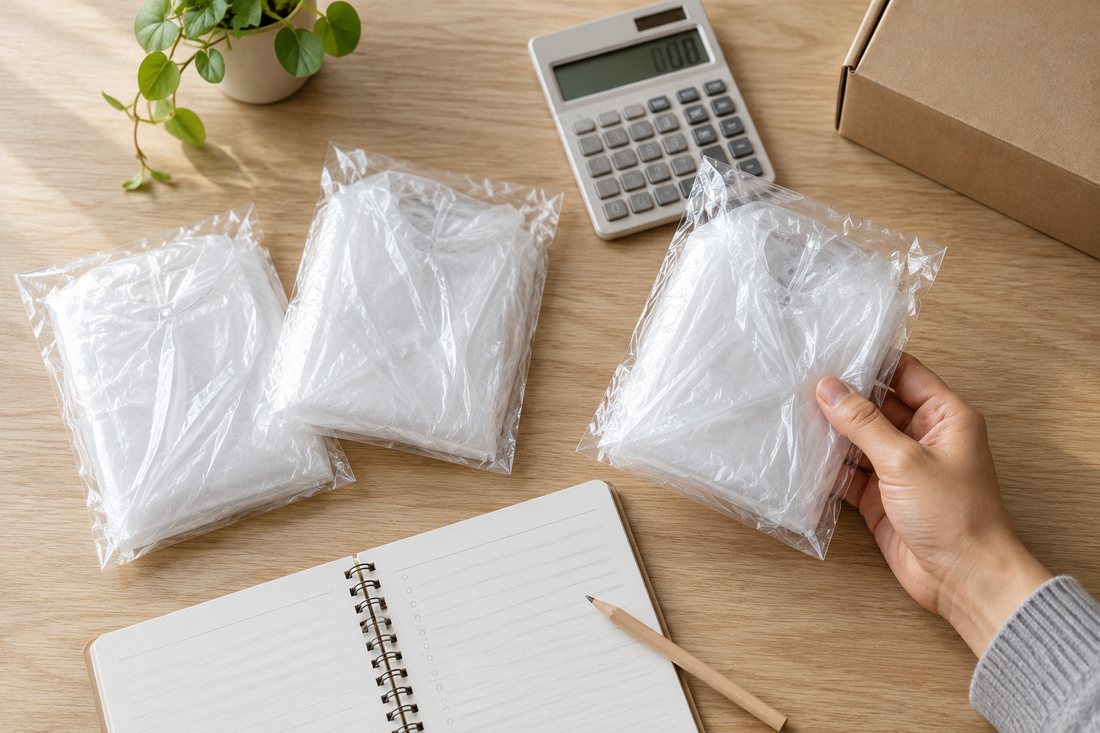 Verpackte transparente Regenponchos neben einem Taschenrechner und Notizbuch zur Kostenplanung.