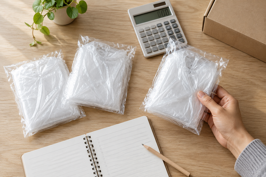 Verpackte transparente Regenponchos neben einem Taschenrechner und Notizbuch zur Kostenplanung.