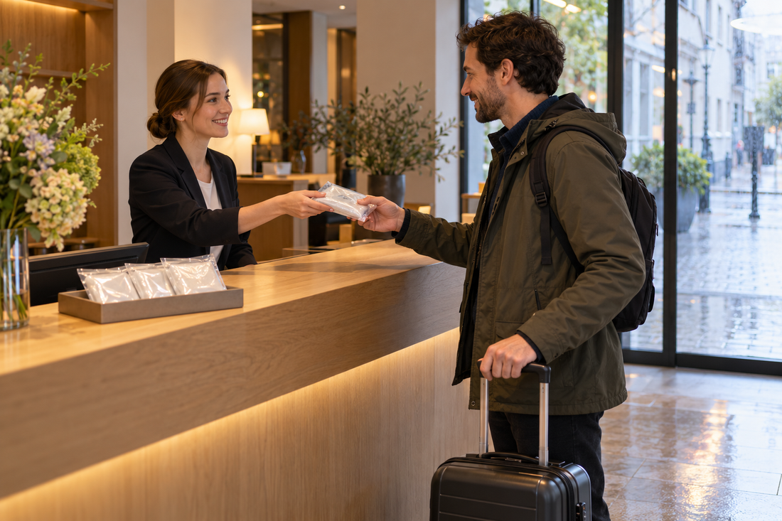 Eine Hotelmitarbeiterin überreicht einem Gast einen verpackten Regenponcho an der Rezeption.