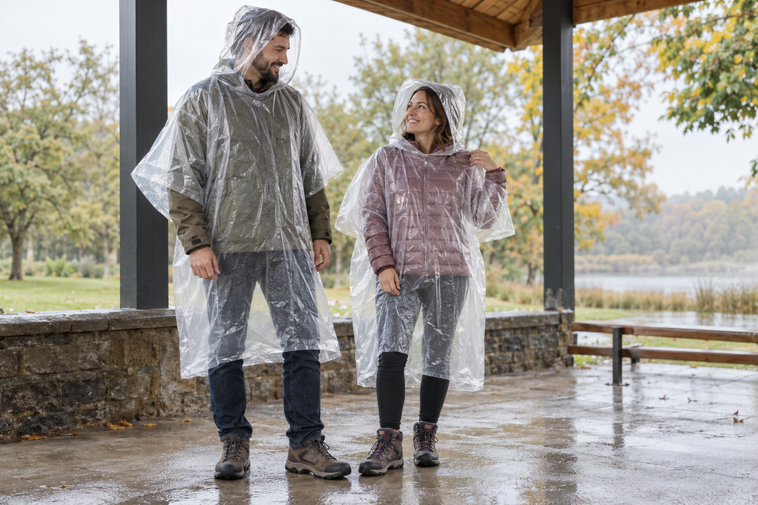 Zwei unterschiedlich große Erwachsene tragen transparente Regenponchos über ihren Jacken.