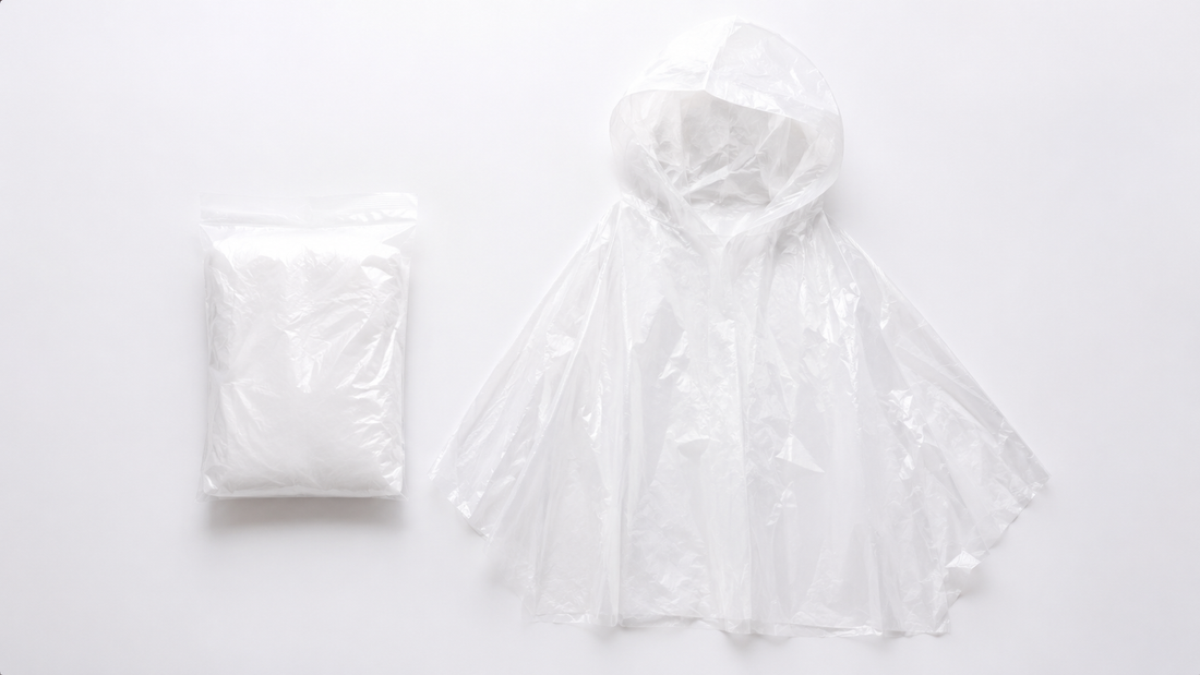Transparenter Regenponcho in kompakter Verpackung zum Kaufen für Events und Alltag