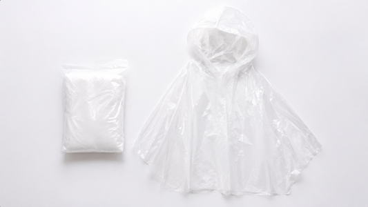 Transparenter Regenponcho in kompakter Verpackung zum Kaufen für Events und Alltag