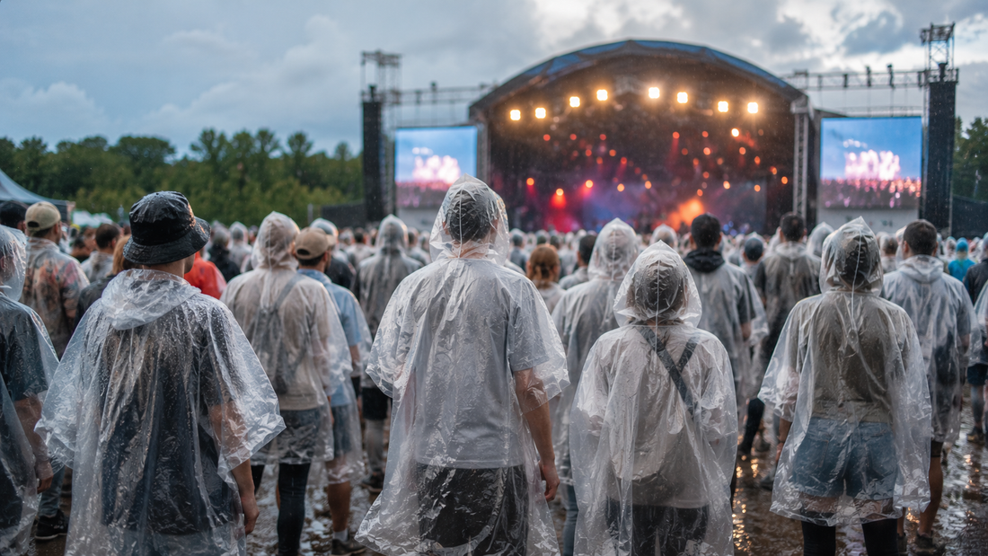 Festivalbesucher mit transparentem Einweg-Regenponcho bei leichtem Regen