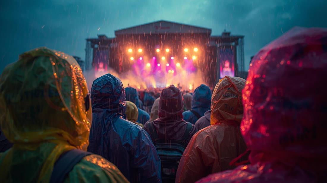 Festivalbesucher mit Regenponchos vor einer beleuchteten Bühne bei Regen