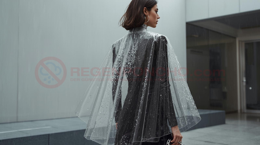 Person trägt transparentes Regencape bei Regen in urbaner Umgebung