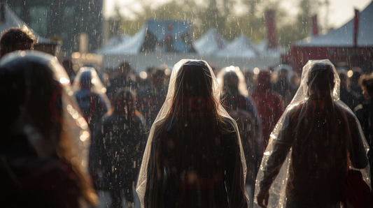 Besucher einer städtischen Outdoor-Veranstaltung mit Regenponchos bei Regenwetter