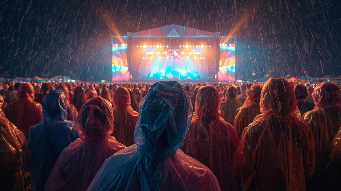 Menschenmenge mit transparenten Regenponchos bei einem Festival Konzert im Regen