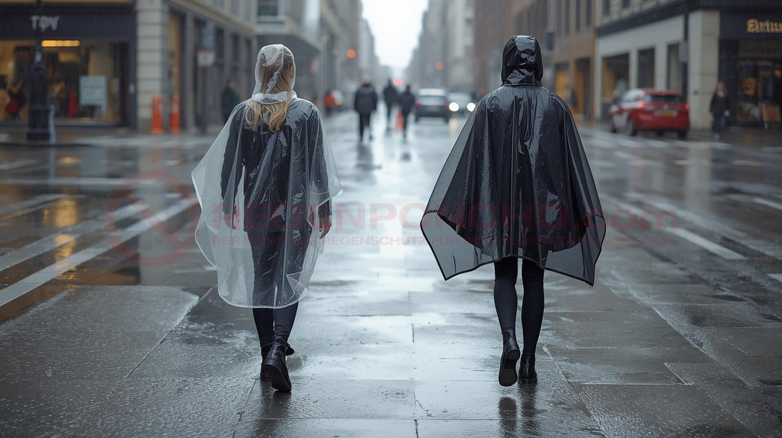 Personen mit Regencape und transparentem Regenponcho auf einer regnerischen Stadtstraße
