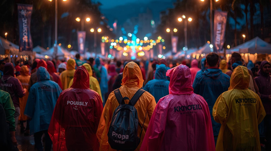 Menschenmenge bei einem Event mit bunten Regenponchos bei Regen