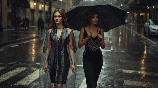 Person mit Regenponcho und Person mit Regenschirm bei starkem Regen in der Stadt