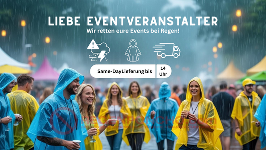 Eventveranstalter mit bunten Regenponchos auf einem Festival im Regen, Banner mit Text „Liebe Eventveranstalter – wir retten eure Events bei Regen!“, Hinweis auf Same-Day-Lieferung bis 14 Uhr