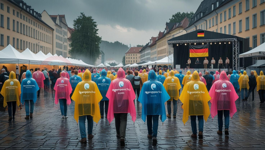 Menschen mit bunten Regenponchos bei einer Stadtveranstaltung in Hanau, Deutschland, bei Regenwetter. Im Hintergrund ist eine Bühne und deutsche Flagge zu sehen.