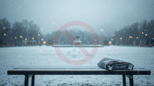Winter scene with snowfall and an unused rain poncho on a bench, symbolizing lower demand for Regenponchos in the winter season.