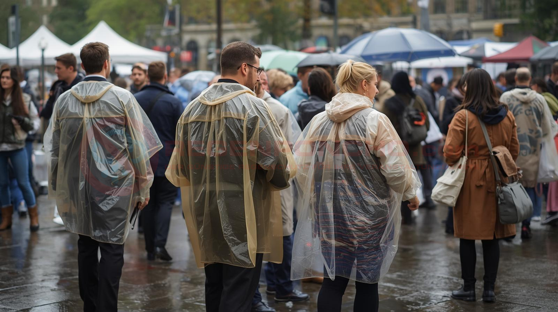 Besucher eines Outdoor-Events tragen transparente Regenponchos bei Regenwetter in einer europäischen Stadt