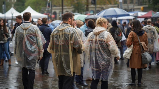 Besucher eines Outdoor-Events tragen transparente Regenponchos bei Regenwetter in einer europäischen Stadt