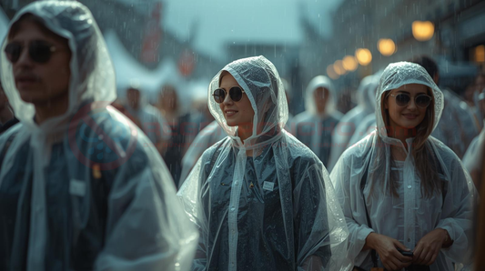 Menschen tragen transparente Regenponchos bei einem Outdoor-Event – Regenschutz für Festivals und Veranstaltungen in Deutschland