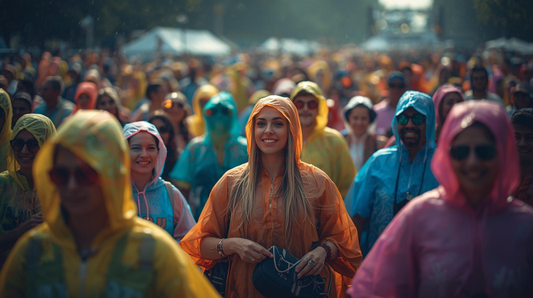 Festivalbesucher tragen bunte Regenponchos bei Regen – idealer Regenschutz für Events und Großveranstaltungen