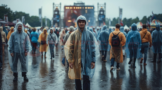 Menschen tragen transparente Regenponchos und Einweg-Regenjacken bei einem Outdoor-Festival im Regen, professioneller Regenschutz für Events und Veranstaltungen