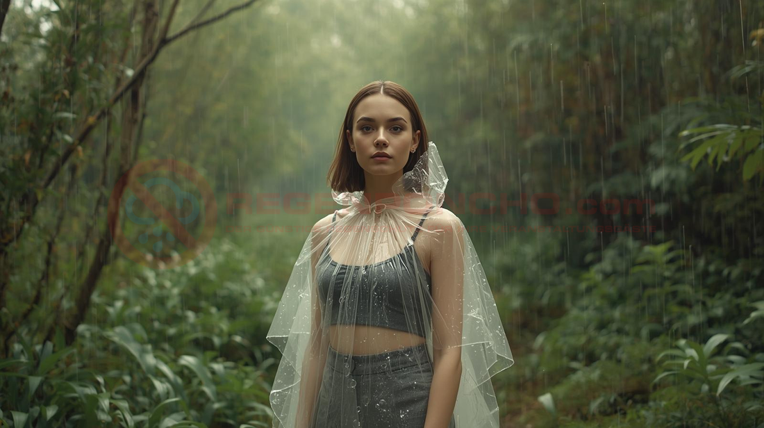 Bio Regenponcho transparent Frau im Wald nachhaltiger Regenponcho Deutschland wasserdichter Regenschutz
