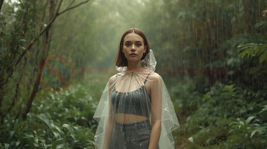 Bio Regenponcho transparent Frau im Wald nachhaltiger Regenponcho Deutschland wasserdichter Regenschutz