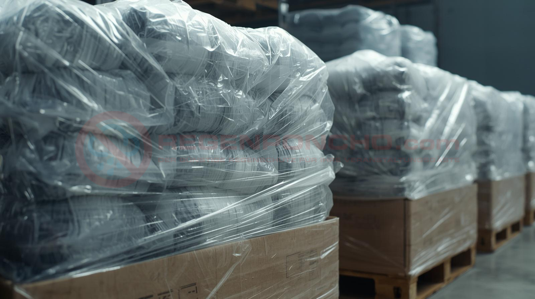 Regenponcho Großhandel Deutschland – große Mengen transparenter Einweg Regenponchos auf Paletten 2026