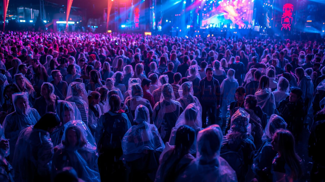 Festivalbesucher bei einem Open-Air Konzert im Regen – große Menschenmenge mit Regenponchos vor einer beleuchteten Bühne