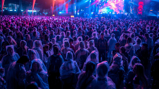 Festivalbesucher bei einem Open-Air Konzert im Regen – große Menschenmenge mit Regenponchos vor einer beleuchteten Bühne