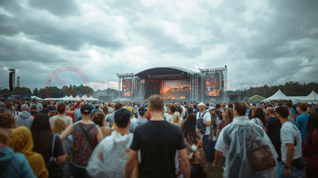 Regenponcho Großhandel Deutschland – Festival Besucher tragen Einweg Regenponchos bei Open-Air Event