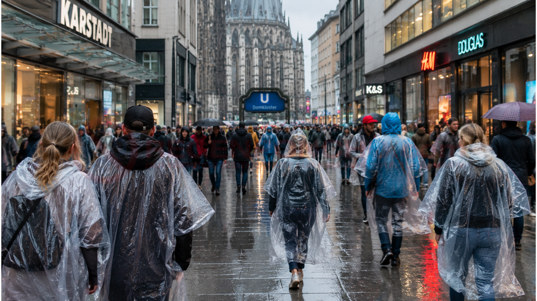 Menschen tragen transparente Regenponchos auf einer verregneten deutschen Einkaufsstraße in urbaner Atmosphäre.