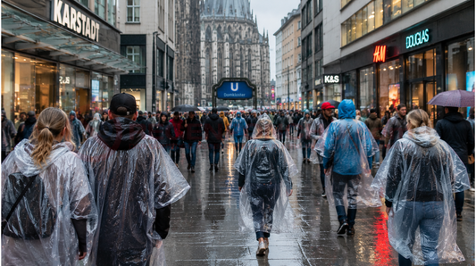 Menschen tragen transparente Regenponchos auf einer verregneten deutschen Einkaufsstraße in urbaner Atmosphäre.