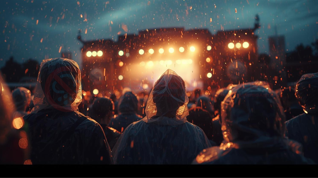 Festival Besucher tragen Einweg Regenponchos bei Open-Air Event in Deutschland im Abendregen