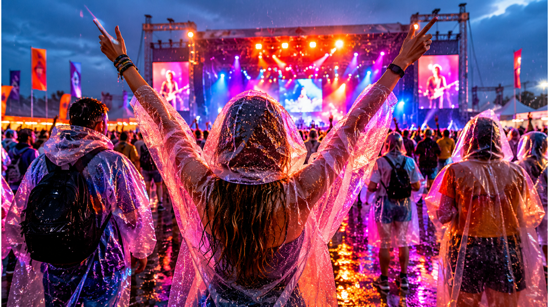 Festivalbesucher tragen transparente Regenponchos vor einer beleuchteten Bühne bei Regen.