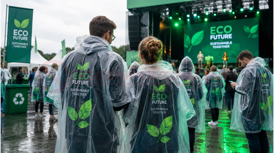 Besucher tragen transparente Bio-Regenponchos bei einer nachhaltigen Firmenveranstaltung im Regen.