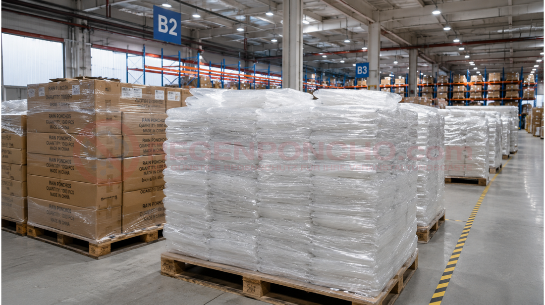 Großlager mit transparenten Regenponchos für den Großhandel und professionelle Eventlogistik.