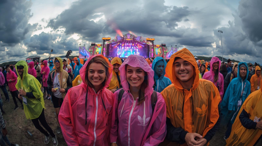 Menschen auf einem Festival tragen bunte Bio-Regenponchos mit Kapuze 🌱☔ – nachhaltige Giveaways für Events, Städte und Vereine.