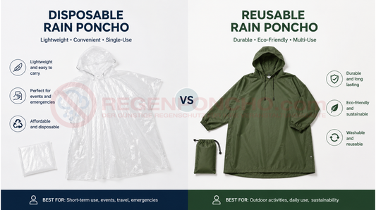 Vergleich zwischen Einweg-Regenponcho und wiederverwendbarem Regenponcho im modernen Produktdesign.