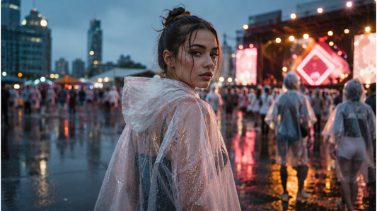 Moderne Festivalbesucherin trägt einen transparenten Regenponcho bei einem urbanen Open-Air-Event im Regen.