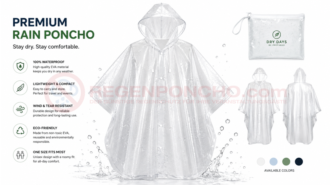 Hochwertiger transparenter Regenponcho mit Wassertropfen in modernem Produktdesign auf weißem Hintergrund.